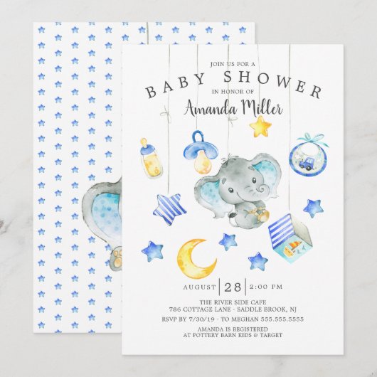 Invitation Baby shower éléphant mobile Baby Boy (Devant / Derrière)