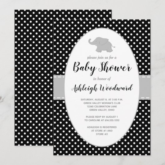 Invitation Baby Shower Éléphant Noir Blanc à Points (Devant / Derrière)