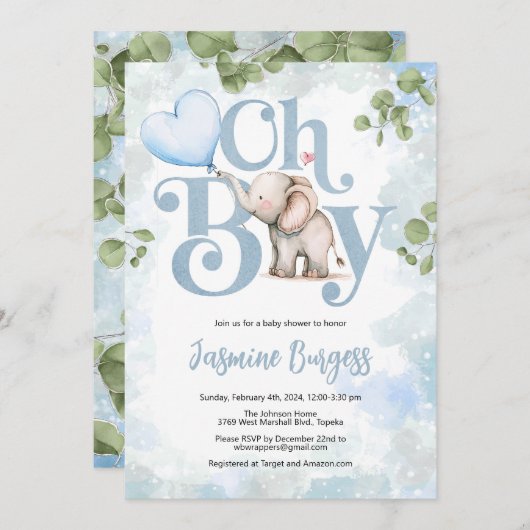 Invitation Baby shower éléphant - Oh garçon (Devant / Derrière)