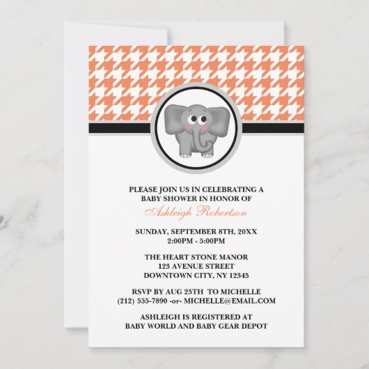 Invitation Baby shower Eléphant Orange et Blanc Houndstooth (Devant)