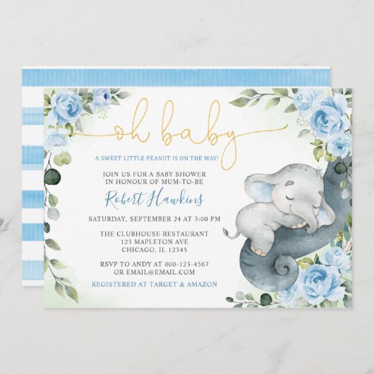Invitation Baby shower Eléphant Petit Arachide Douce (Devant / Derrière)