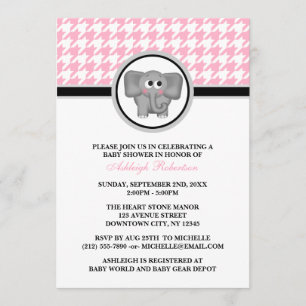 Invitation Baby shower Eléphant Pink & White Houndstooth