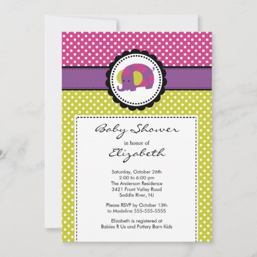 Invitation Baby shower éléphant Polka dot violet (Devant)