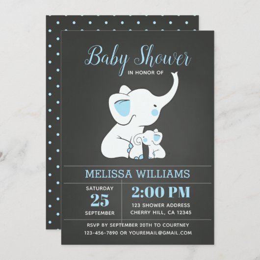 Invitation Baby shower éléphant pour garçon (Devant / Derrière)