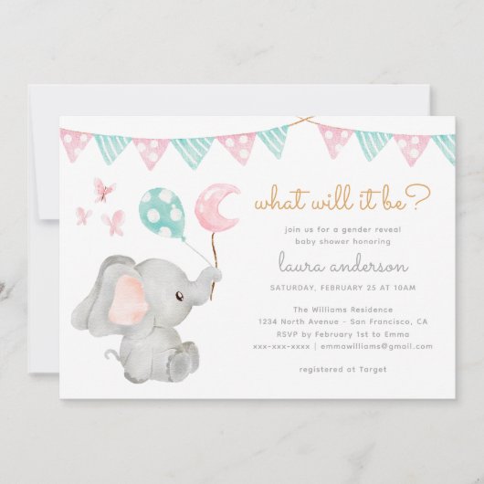 Invitation Baby shower éléphant révélateur de genre (Devant)