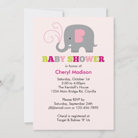 Invitation Baby Shower Éléphant - Rose (Devant)