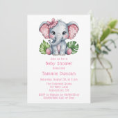 Invitation Baby shower Eléphant Rose Bow Cute (Debout devant)