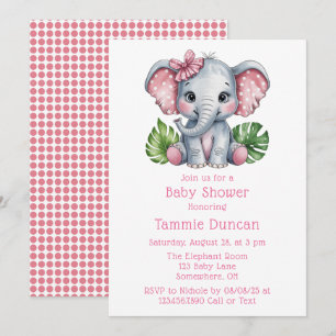 Invitation Baby shower Eléphant Rose Bow Cute