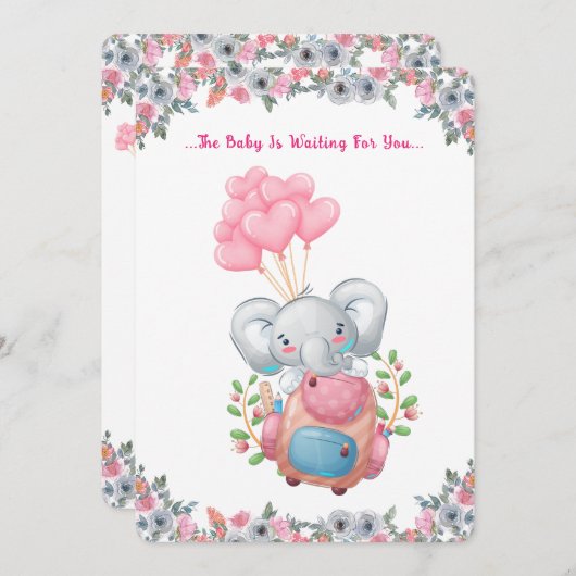 Invitation Baby shower Eléphant Rose Cute (Devant / Derrière)
