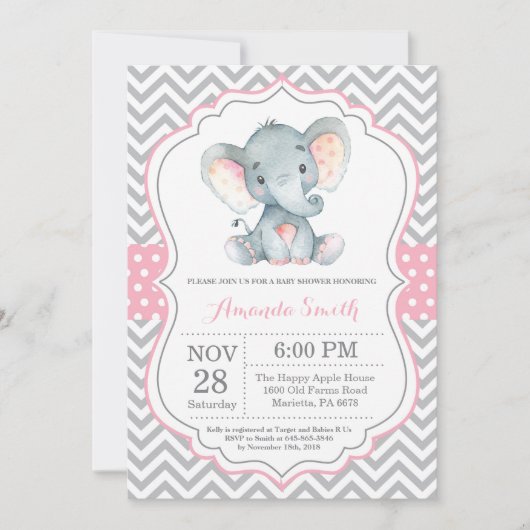 Invitation Baby shower éléphant rose et gris (Devant)