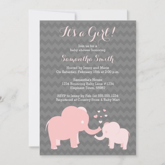Invitation Baby shower éléphant rose et gris (Devant)