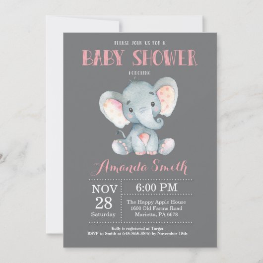 Invitation Baby shower éléphant rose et gris (Devant)