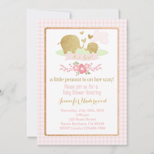 Invitation Baby shower Eléphant rose et or (Devant)
