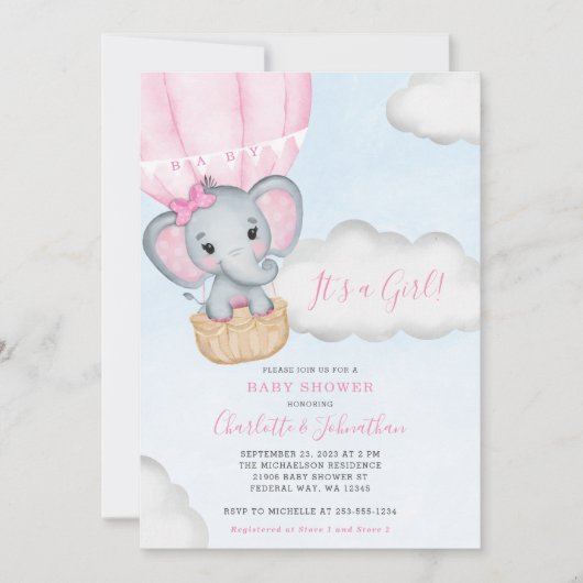 Invitation Baby shower Eléphant rose Fille (Devant)