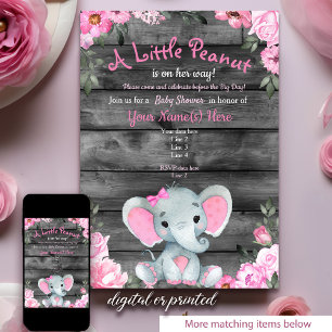Invitation Baby shower Eléphant rose, fille rustiq