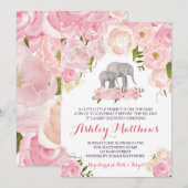 Invitation Baby shower éléphant, rose floral (Devant / Derrière)