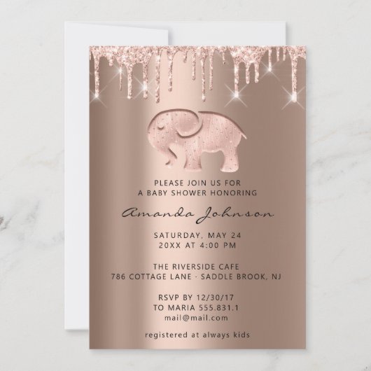 Invitation Baby shower Elephant Rose Gold Drip Garçon fille (Devant)
