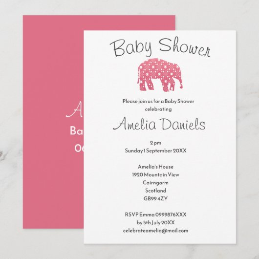 Invitation Baby Shower Eléphant Rose Mignon  (Devant / Derrière)
