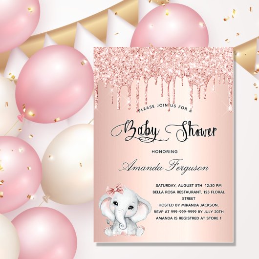 Invitation Baby shower éléphant rose or fille parties scintil