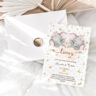 Invitation Baby shower Elephant Rose Twin Girls
