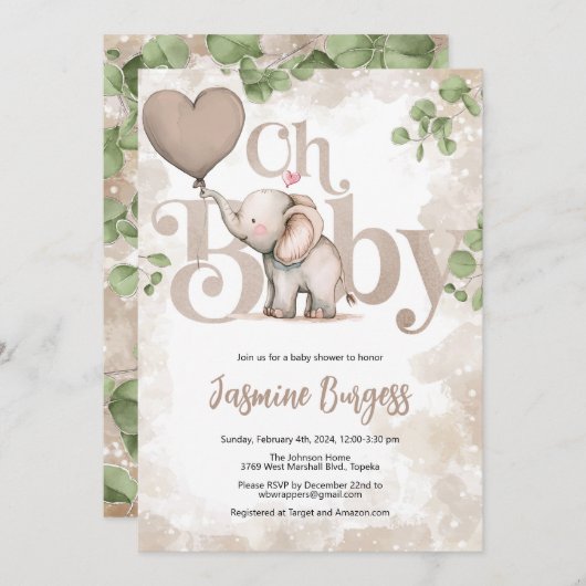 Invitation Baby shower éléphant - Tons de terre (Devant / Derrière)