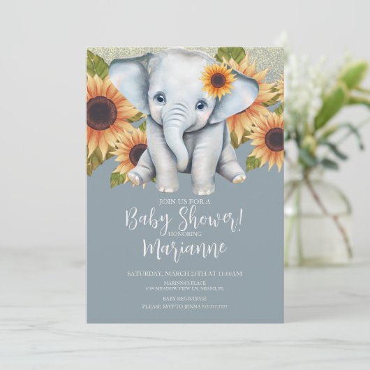 Invitation Baby shower éléphant Tournesol Parties scintillant (Debout devant)