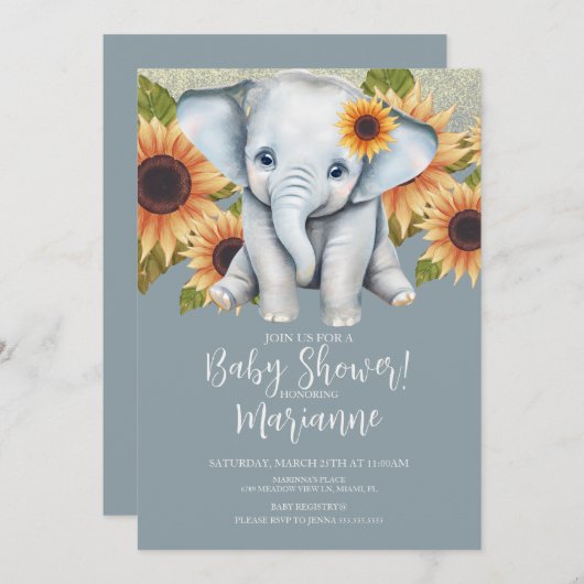 Invitation Baby shower éléphant Tournesol Parties scintillant (Devant / Derrière)