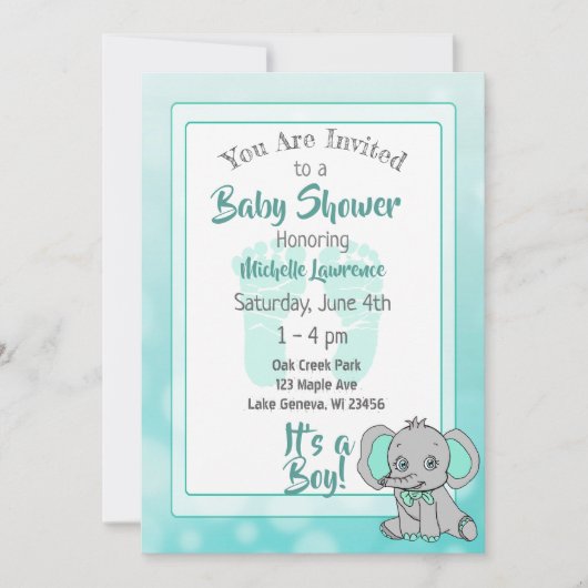 Invitation Baby shower Eléphant turquoise (Devant)