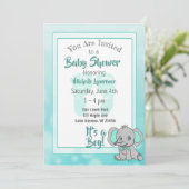 Invitation Baby shower Eléphant turquoise (Debout devant)