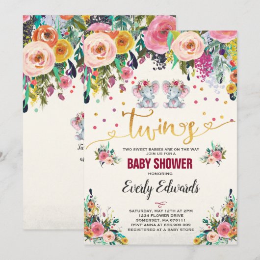 Invitation Baby shower Eléphant Twin Girl (Devant / Derrière)