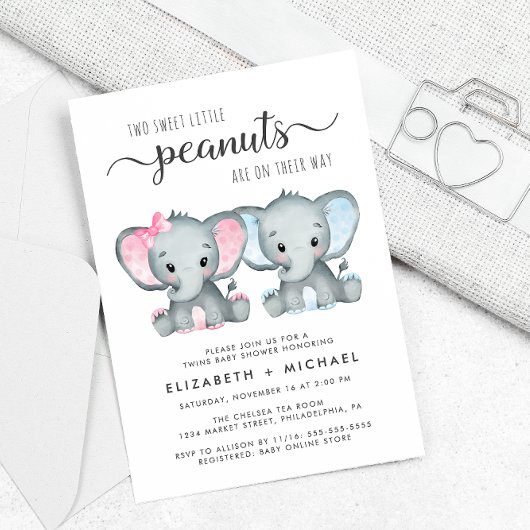 Invitation Baby shower Elephant Twin Girl Boy Couples