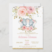 Invitation Baby shower Eléphant Twin Girls Floral (Devant)