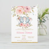 Invitation Baby shower Eléphant Twin Girls Floral (Debout devant)