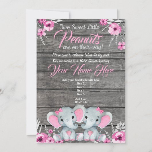 Invitation Baby shower Eléphant Twin, rustique, ro (Devant)