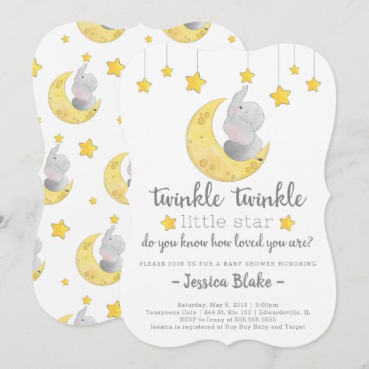 Invitation Baby shower éléphant "Twinkle Twinkle Little Star" (Devant / Derrière)