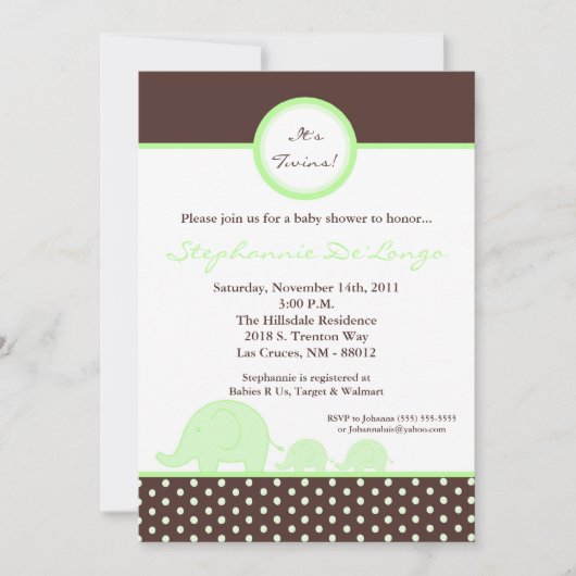 Invitation Baby shower éléphant TWINS Mod Gree 5x7 (Devant)