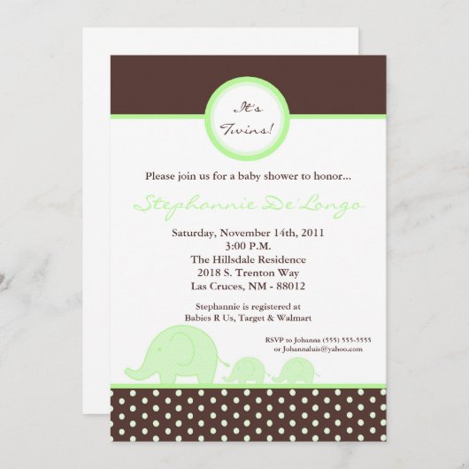 Invitation Baby shower éléphant TWINS Mod Gree 5x7 (Devant / Derrière)