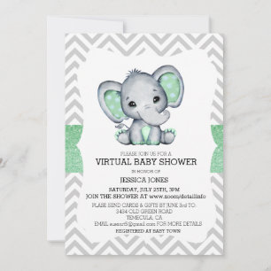 Invitation Baby Shower Éléphant Vert Virtuel Paillettes Chevr