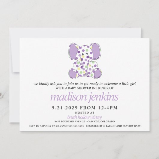 Invitation Baby shower Eléphant Violet (Devant)