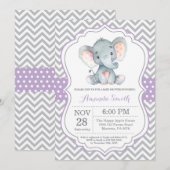 Invitation Baby shower éléphant violet et gris (Devant / Derrière)
