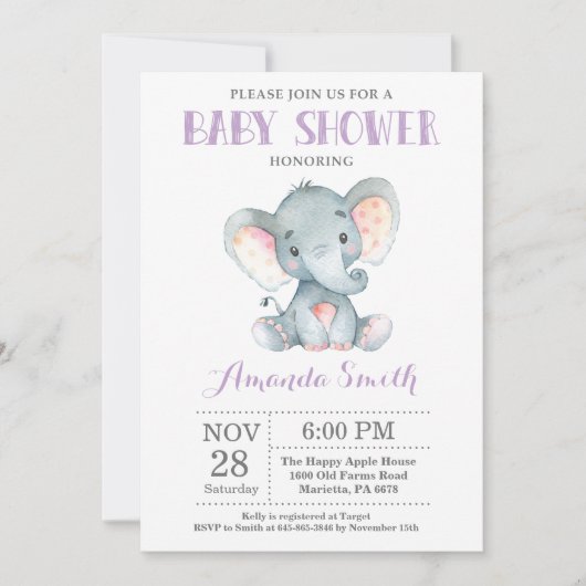 Invitation Baby shower éléphant violet et gris (Devant)