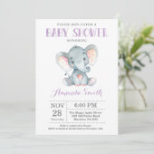 Invitation Baby shower éléphant violet et gris (Debout devant)