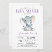 Invitation Baby shower éléphant violet et gris (Devant / Derrière)