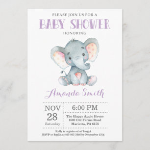 Invitation Baby shower éléphant violet et gris