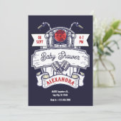 Invitation Baby shower emblématique du garage à moto (Debout devant)