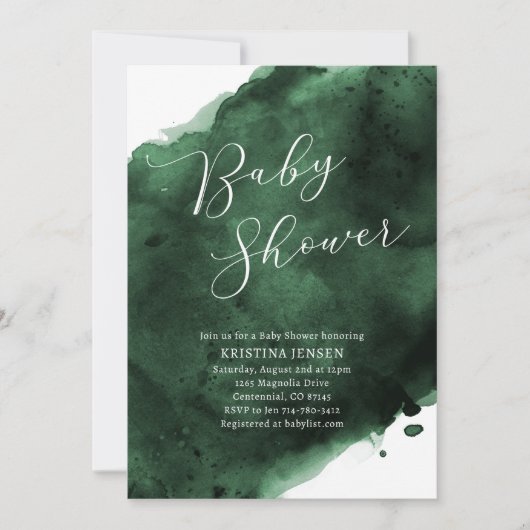 Invitation Baby shower Emerald Green Watercolor (Devant)