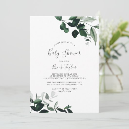 Invitation Baby shower Emerald Greenery (Debout devant)