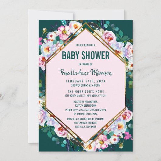Invitation Baby shower Emerald Jade de finition or rose Fleur (Devant)