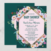 Invitation Baby shower Emerald Jade de finition or rose Fleur (Devant / Derrière)