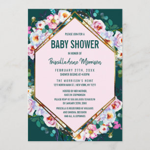 Invitation Baby shower Emerald Jade de finition or rose Fleur